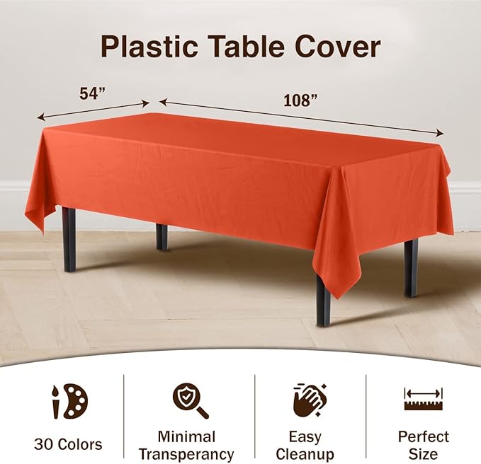 Exquisite Party Solids 6-Pack Premium Plastic Tablecloth 54in. x 108in. Rectangle Plastic Table Cover - Orange