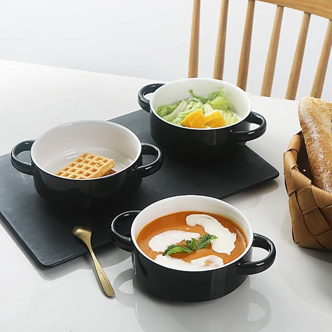 Sweejar Ceramic Soup Bowls with Double Handles, 20 Oz Stacked Bowls for French Onion Soup, Cereal, Pot Pies, Stew, Chill, Pasta, Set of 4 (Black)