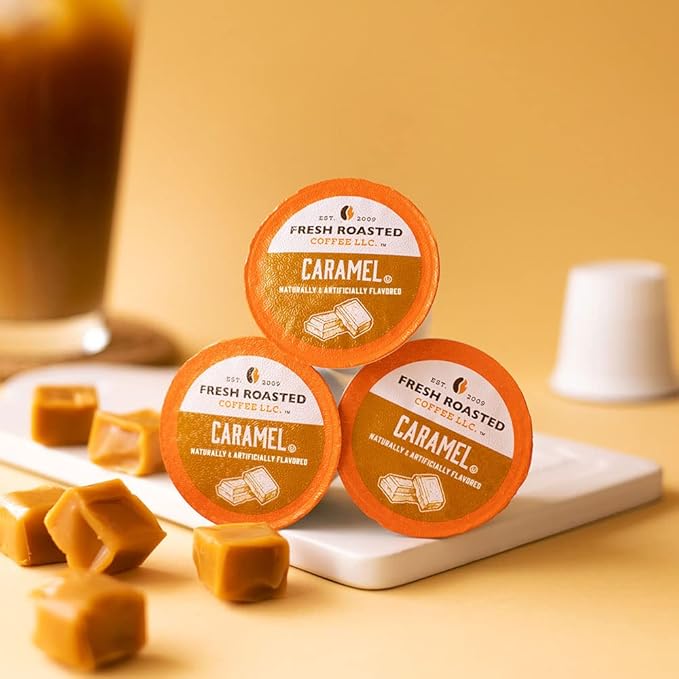 Fresh Roasted Coffee, Caramel, Flavored Coffee Pods, 24 Count