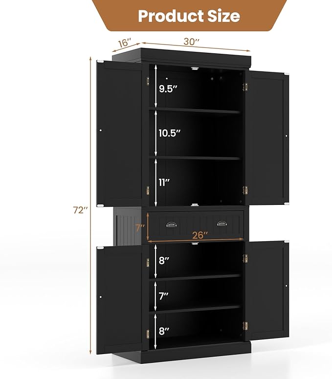 DORTALA 72??Tall Kitchen Pantry Cabinet, Wood Storage Cupboard w/ 4 Adjustable Shelves, 2 Cabinets & Drawer, Utility Freestanding Storage Cabinet for Kitchen, Hallway, Living Room, Black