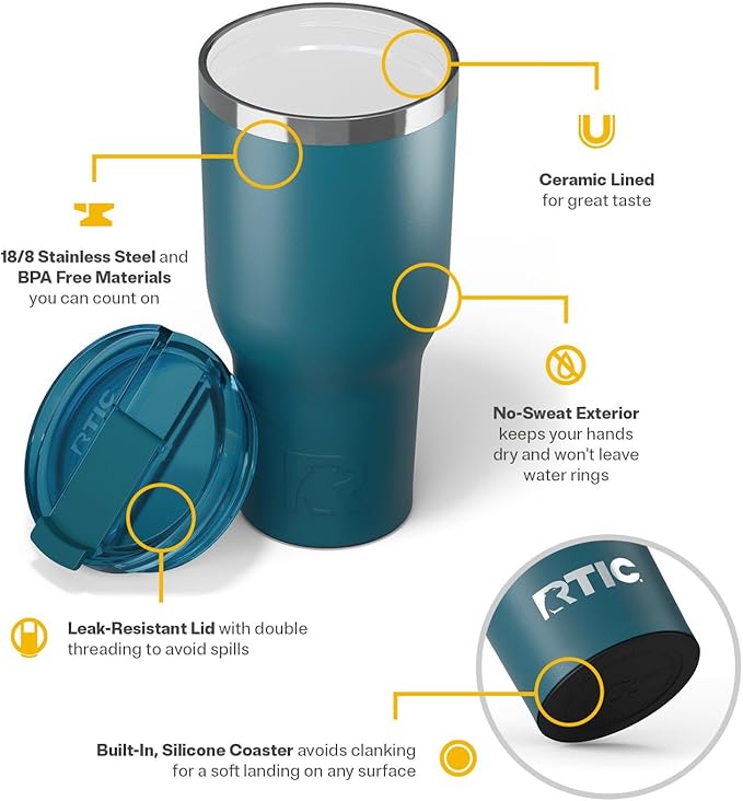 RTIC 40oz Essential Tumbler with Lid, Ceramic Lined, Insulated, Stainless Steel, Metal, Double Wall Vacuum-Insulation, Travel Cup for Iced Coffee, Tea, Hot and Cold Drink, Marine