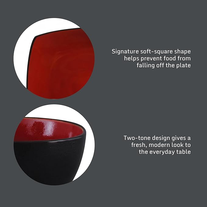 Gibson Elite Soho Lounge Square 16-Piece Dinnerware Set, Service for 4, Reactive Glaze Stoneware Plates and Bowls, Modern Dishes, Microwave & Dishwasher Safe ??Red and Black