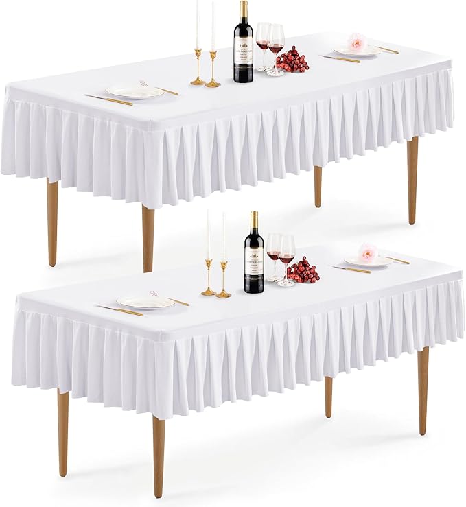 Wish Care 2 Pack White Spandex Table Clothes for 6 Foot Rectangle Tables Wrinkle Free Stretch Fitted Tablecloths 6ft Pleated Ruffle Elastic Table Cover Skirt for Dining Outdoor Home Party Tablecloth