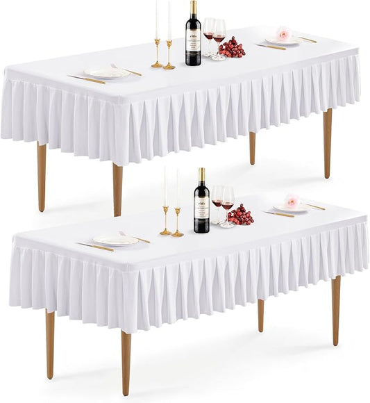 Wish Care 2 Pack White Spandex Table Clothes for 8 Foot Rectangle Tables Wrinkle Free Stretch Fitted Tablecloths 8ft Pleated Ruffle Elastic Table Cover Skirt for Dining Outdoor Home Party Tablecloth