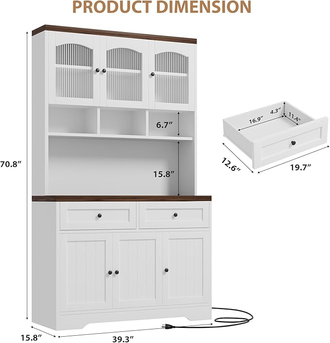 Garvee 71" Pantry Cabinet with Charging Station, Tall Kitchen Pantry Storage Cabinet with Microwave Stand, Farmhouse Kitchen Hutch with Storage Drawers for Living Room, Dining Room, White