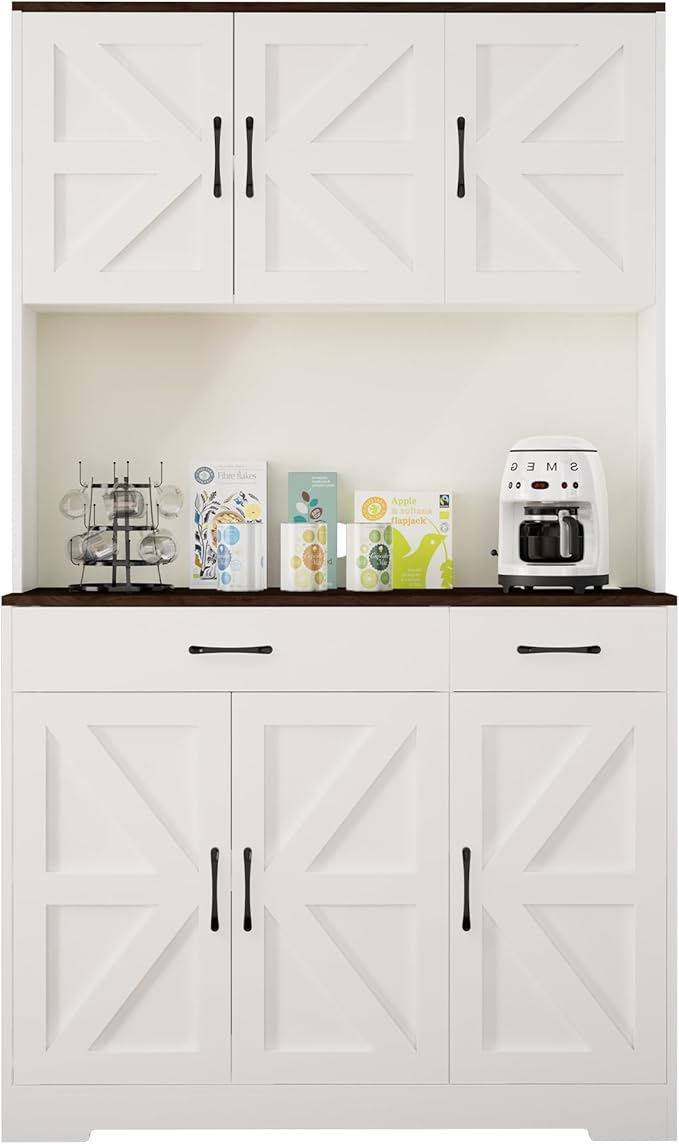71" Pantry Cabinet with Charging Station, Kitchen Storage Cabinet with Microwave Stand, 8-Zone Organization, 2 Smooth-Glide Drawers, Open Countertop for Dining, Kitchen, Living Room (White)