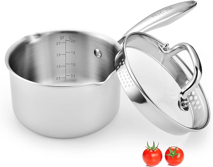 2.0 Quart Stainless Steel Pot Saucepan with Glass Strainer Lid, Sauce Pot with Two Side Spouts, Induction Cooking Pot, Multipurpose Sauce Pan with Lid for Cooking