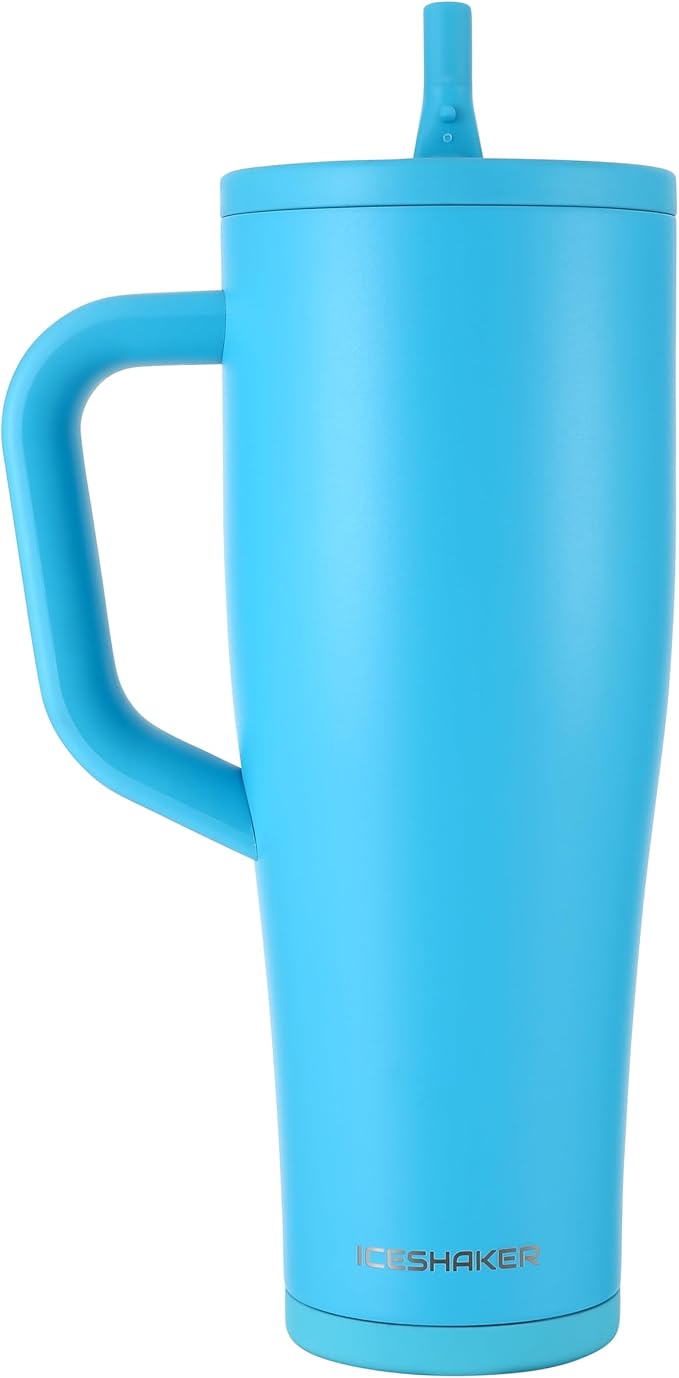 Ice Shaker 40 oz Tumbler with Handle and Straw | 40oz Caribbean Blue | Cold for 30+ Hours | 2-in-1 Tumbler Shaker Bottle | Odor-Free 40 ounce Bottle for Water, Protein Shakes, Smoothies, Cocktails