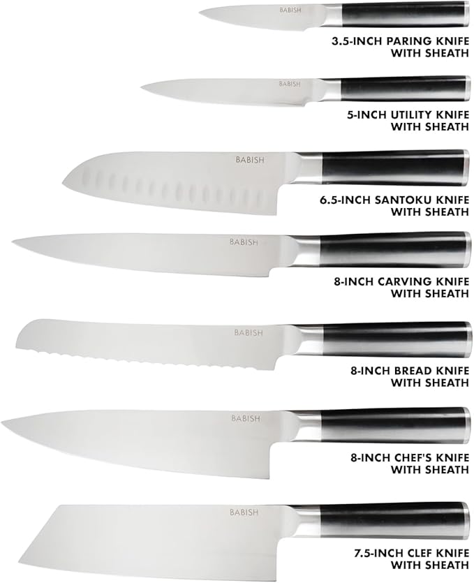 Babish 14-Piece Full Tang Forged Kitchen Knife Set ??High-Carbon 1.4116 German Steel Cutlery with Protective Sheaths ??Professional Chef Knife Set