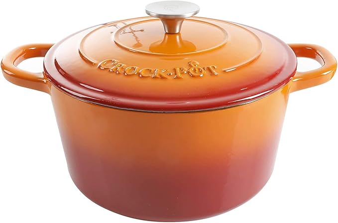 Crock-Pot Artisan 5-Quart Round Enameled Cast Iron Dutch Oven ??Sunset Orange, Durable Heavy-Duty Cookware for Slow Cooking, Roasting, Baking with Lid