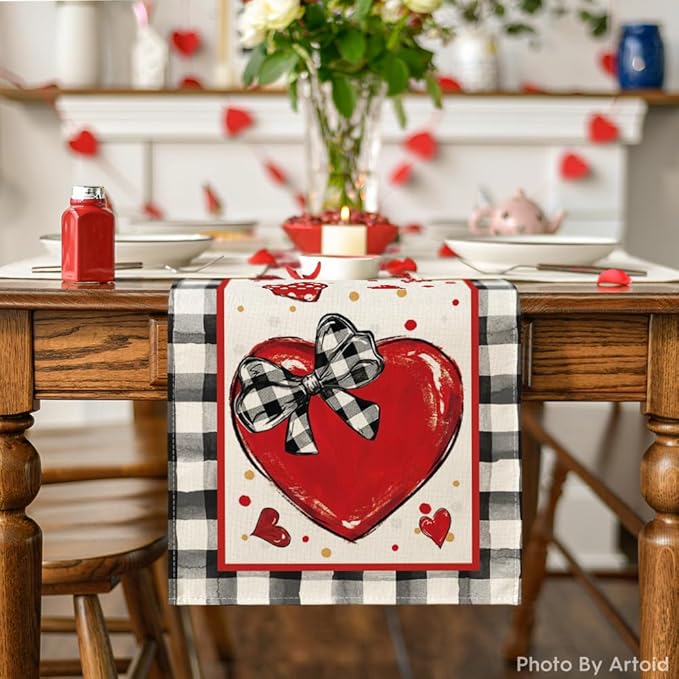 Artoid Mode Buffalo Plaid Red Heart Bow Tie Valentine's Table Runner, Seasonal Kitchen Dining Table Decoration for Home Party Decor 13x48 Inch
