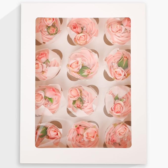 qiqee Auto-pop Up Cupcake Boxes with Window White 40PCS 12 Count Cupcake Box 13"x10"x3.5" Cupcakes Carrier, 12 Cupcake Containers with 2 rolls of pink ribbons