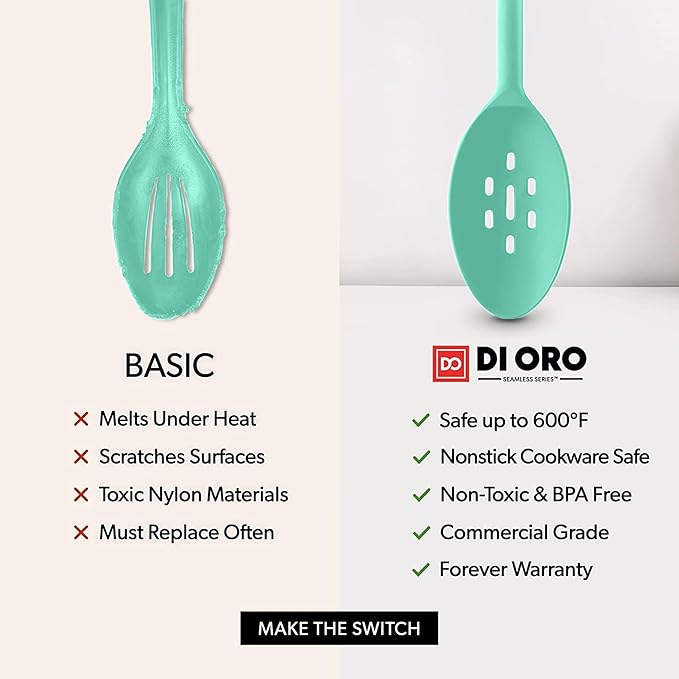 DI ORO Silicone Spoons for Cooking - Large Kitchen Spoons for Mixing, Serving, & Stirring - 600째F Heat-Resistant Non Stick Utensils ??Big Solid & Slotted Basting Spoons - Dishwasher Safe (2pc, Mint)