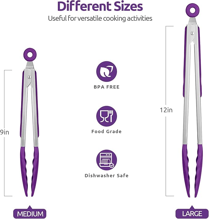 600쨘F Heat Resistant Kitchen Tongs: U-Taste 9+12 inch Silicone Cooking Tong Set with Firm Sealed Non Stick Rubber Tips and Silicon Coated 18/8 Stainless Steel Handle for Serving Grilling Salad(Purple)