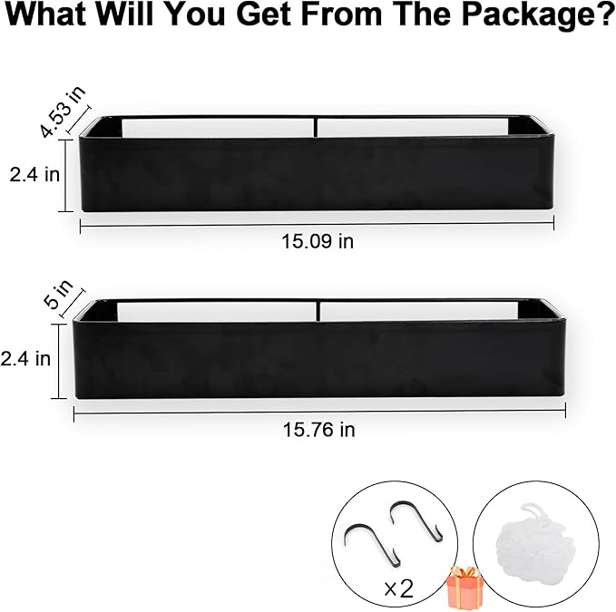 Premium Shower Caddy, 2 Pack Black, Rustproof Stainless Steel Shower Organizer and Storage, No Drill Shower Shelves with Quick Drainage and High Weight Capacity