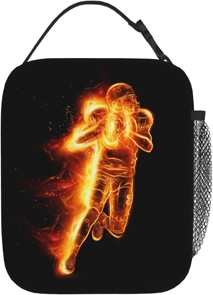 YIJIUWKIS Football Lunch Box for Kids Teens Boys Girls, Sports Insulated Lunch Bag Leakproof Portable Meal Bags with Side Pocket, Durable Reusable Tote Bag for Beach/Picnic/School/Work