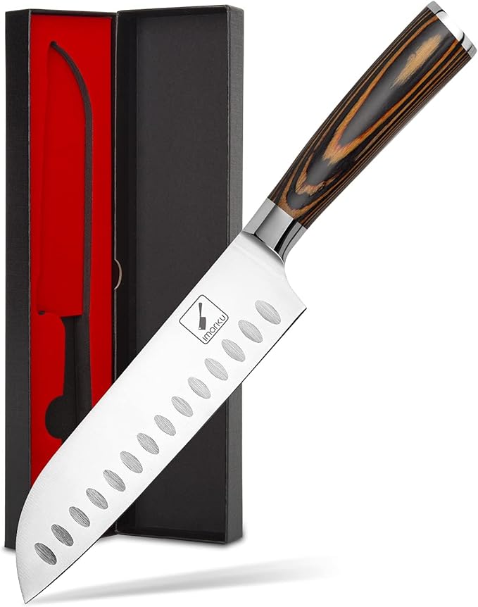 imarku Santoku Knife, 7 inch Kitchen Knife Ultra Sharp Cooking Knife Japanese Chef Knife - German HC Stainless Steel 7Cr17Mov - Ergonomic Pakkawood Handle, Christmas Gifts for Women/Men, Orange