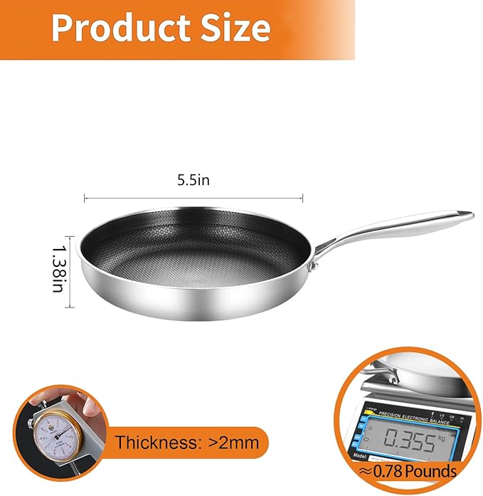 DELARLO Tri-Ply Stainless Steel 5.5 Inch Omelet Pans, Small Frying Pan Compatible with All Cooktops 500??Oven Safe Mini Skillet