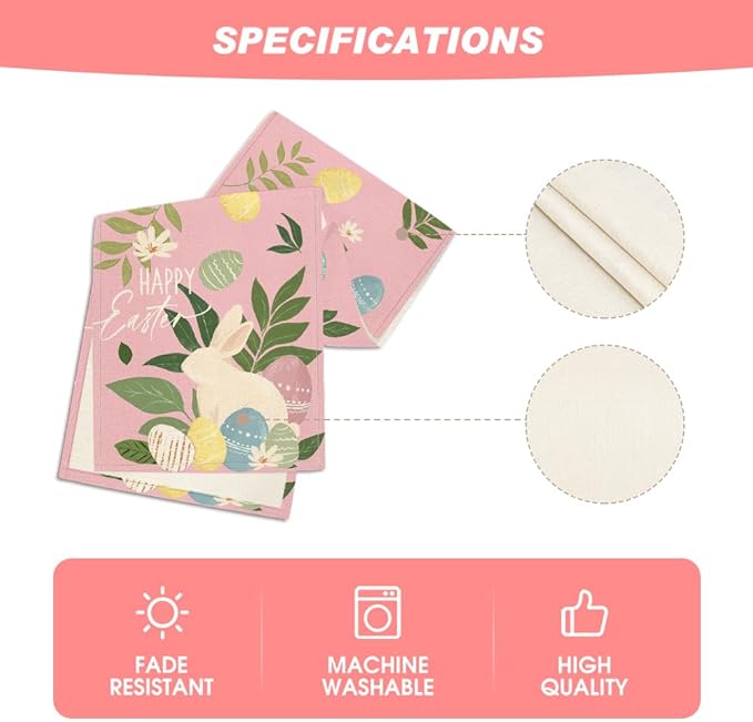 Artoid Mode Pink Bunny Eggs Leaves Flowers 210 GSM Easter Table Runner, Seasonal Spring Kitchen Dining Table Decoration for Home Party Decor 13x36 Inch