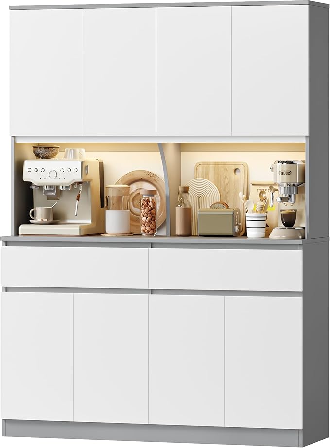Keyluv 75" H LED Kitchen Pantry Cabinet with Doors, Large Kitchen Hutch Storage Cabinet with Drawers and Lights, Food Pantry with Microwave Stand and Coffee Bar, Adjustable Shelves, White/Gray