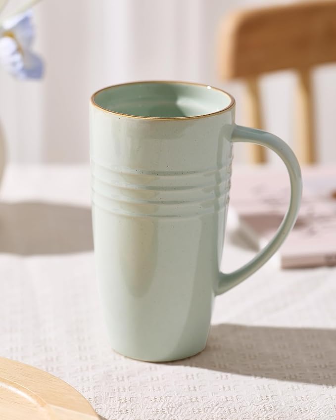 famiware Jupiter Large Coffee Mug, 20oz Coffee Mug with Lid, Ceramic Cup with Handle for Latte, Tea, Cocoa, Milk, Home & Office, Microwave and Dishwasher Safe, Light Green