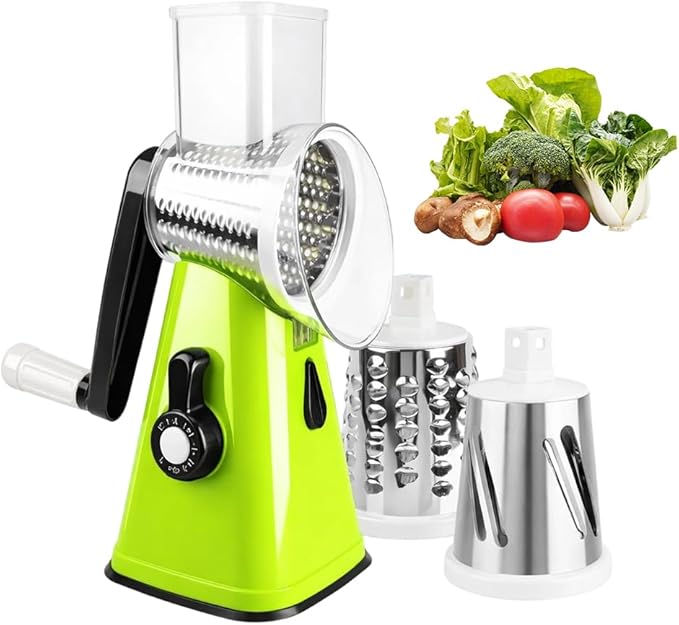 5 In 1 Food Chopper, 2026 New Rotary Cheese Grater - 3 Interchangeable Blades Manual Speed Round Food Slicer, Nut Grinder with Strong Suction Base (Green)