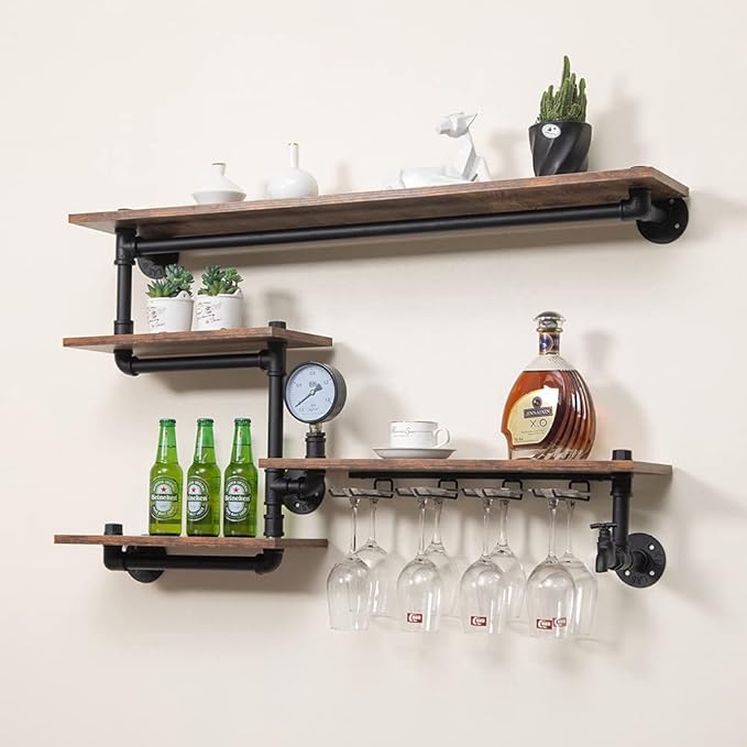 Industrial Pipe Shelves Wine Rack Wall Mounted with 4 Stem Glass Holder,Bar Shelves 39in Metal Hanging Wine Rack, Rustic Floating Pipe Shelf, Living Room Kitchen Decor Display Rack