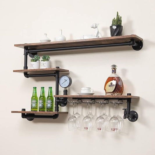Industrial Pipe Shelves Wine Rack Wall Mounted with 4 Stem Glass Holder,Bar Shelves 39in Metal Hanging Wine Rack, Rustic Floating Pipe Shelf, Living Room Kitchen Decor Display Rack