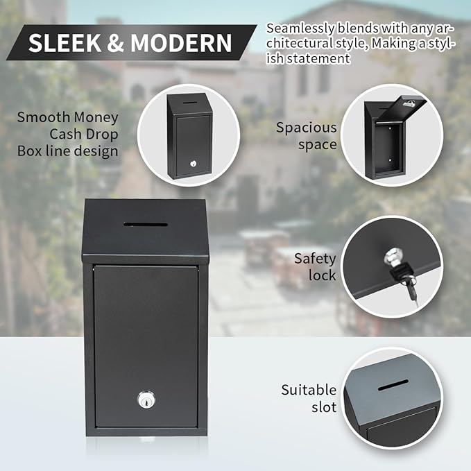Metal Suggestion Box Cash Box Wall-Mounted & Tabletop With Lock slot for Fundraising Comment Voting Prayer Money Drop Donation for Home Office Outdoor 10.62횞5.51횞2.36"