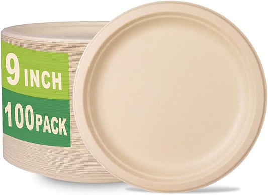 GreenWorks 100 Count 9??Heavy-duty Compostable Plates, Unbleached Biodegradable Bagasse and Bamboo fiber Paper Plates