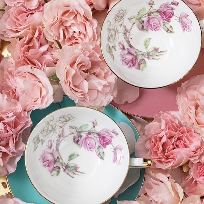 Aynsley Elizabeth Rose Fine Bone China Teacup and Saucer Set - 6.76oz Hand-Painted Gold-Trimmed Floral Vintage Set, Fancy Gift for Christmas/Wedding/New Year(Turq)