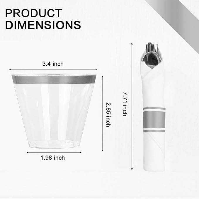 癤?75 Piece Silver Dinnerware Set,25 Silver Rim Plastic Plates, 25 Cups,25 Pre Rolled Napkins with Plastic Silverware, Disposable Dinnerware Set for 25 Guest
