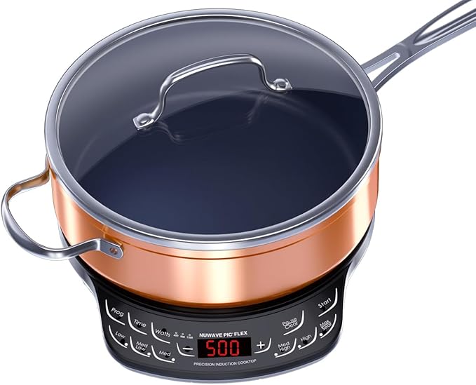 Nuwave Flex Precision Induction Cooktop, 10.25??Shatter-Proof Ceramic Glass, 6.5??Heating Coil, 45 Temps 100째F to 500째F, 4Qt Induction-Ready Healthy Ceramic Non-Stick Everyday Pan with Lid Included