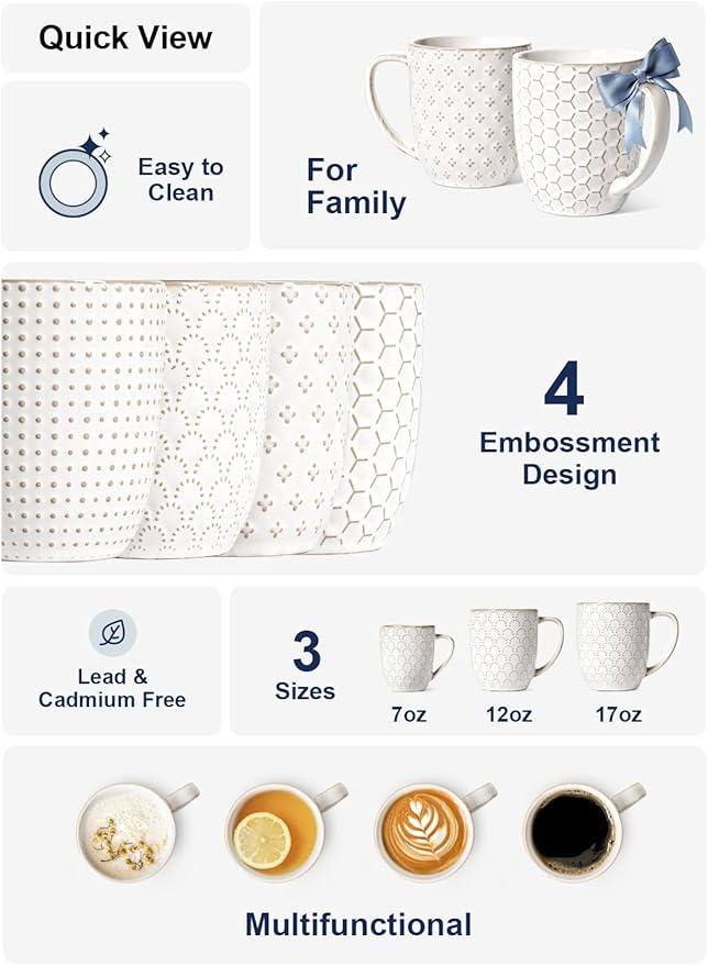 LE TAUCI Coffee Mugs 16 oz,Ceramic Mug Set, Embossment Cups for Latte, Hot Tea, Cappuccino, Mocha, Cocoa, Dishwasher Safe, Suit For Housewarming Wedding- 3.8 inch, Set of 4, Arctic White