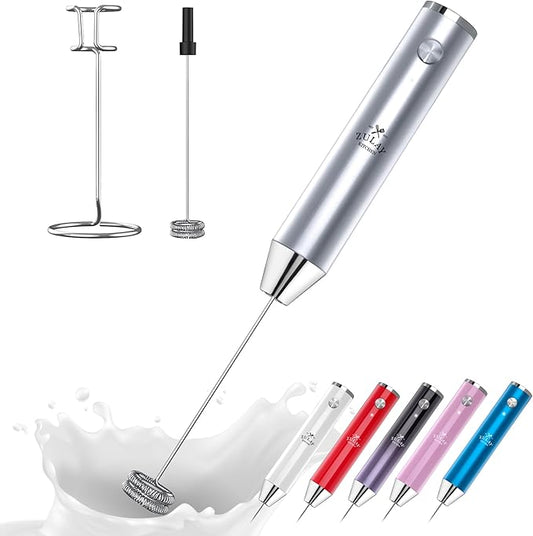 Zulay Kitchen Lux Electric Milk Frother Rechargeable Handheld - Powerful 2-Speed Motor, Waterproof, 2000mAh Battery - Drink Mixer for Latte, Cappuccino, Matcha & Protein Powder - Pure Silver