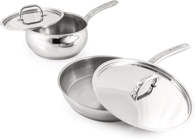 BergHOFF Belly Shape 18/10 Stainless Steel 12Pc Cookware Set, Metal Lids, Fast, Evenly Heat, Induction Cooktop Ready