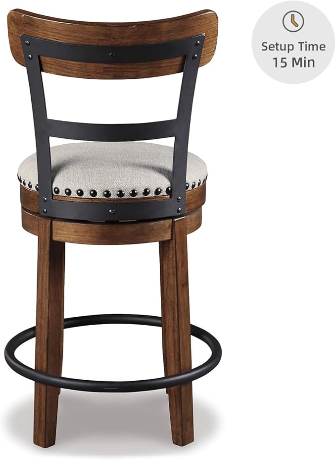 Signature Design by Ashley Valebeck Rustic Farmhouse Swivel Bar Stool ??24.5??Counter Height, 360째 Swivel Metal & Wood Frame, Polyester Upholstery ??Brown