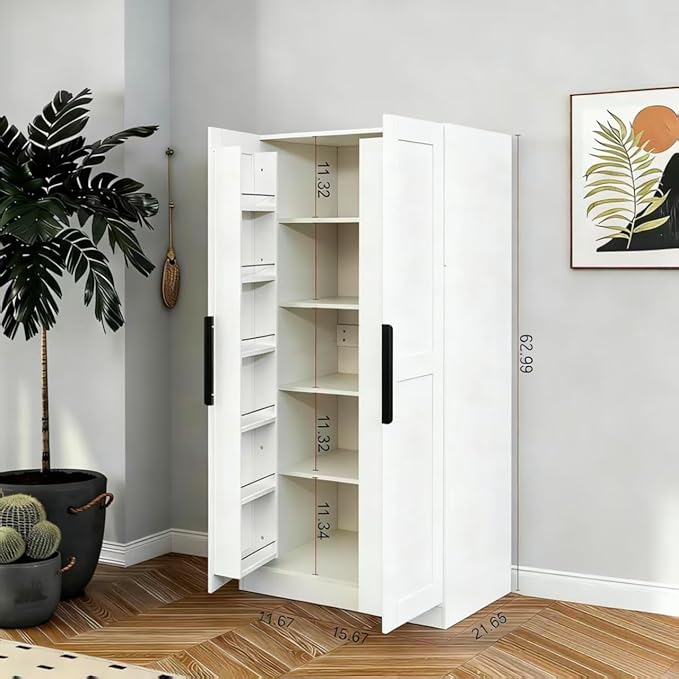 Tall Freestanding Pantry Cabinet for Kitchen, White Storage with Doors & Shelves, 31.5" Wide Organizer for Dining & Living Room