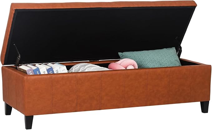 Joveco 51 Inch Storage Ottoman Bench,Tufted Leather Storage Bench for Bedroom (51??Dark Orange)