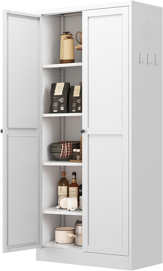 Kitchen Pantry Storage Cabinets with 4 Adjustable Shelves, 61" Tall Kitchen Cupboard Metal Food Pantry Cabinet for Kitchen, Dining Room, Living Room and Bathroom, Assembly Required(White)