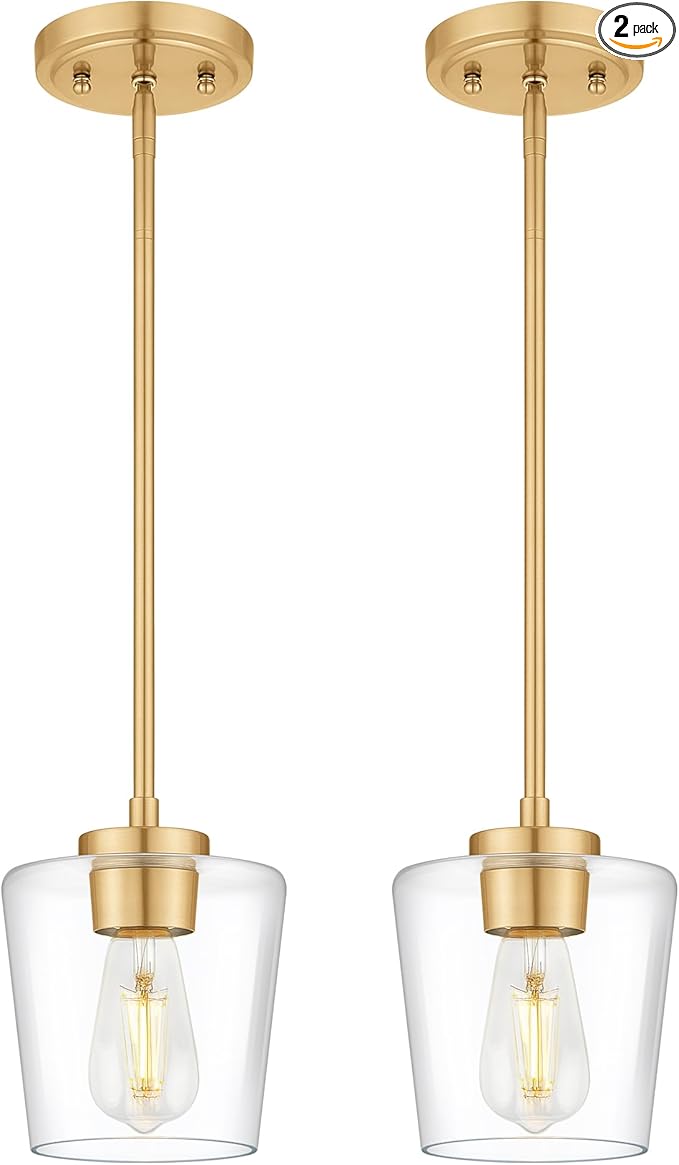 Pendant Lights Kitchen Island 2 Pack, 6" Brushed Gold Hanging Lights Fixtures with Clear Glass Shade, Modern Brass Kitchen Pendant Lighting Over Island for Dining Room, AD-22004-1P2-GD-C