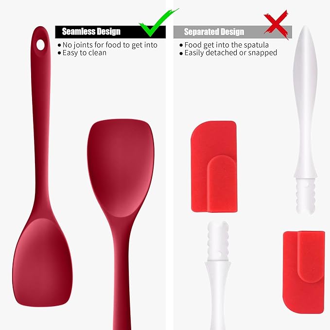 Doosu Silicone Spoon Spatula, 600쨘F Heat-Resistant Food Grade Rubber Spoonula with Seamless Design, Non-Stick Flexible Scraper Kitchen Cooking Spoon Baking Tool for Mixing, Scraping (Red)