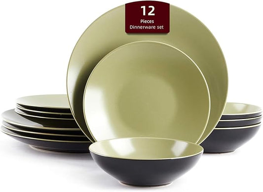 Stoneware Two-Tone Colors Life 12pc Dinner Set竊?Outside Shiny Black + Inside Matte Glaze Olive)