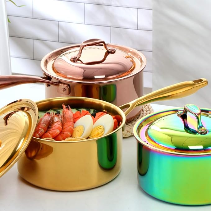 BuyGo 18/8 Stainless Steel Saucepan, 2.5 Quart Rainbow Pan with Heat Resistant Long Handle, 3-Layer Multipurpose Cookware Pot, Compatible Stovetops: Gas, Electric, Dishwasher Safe