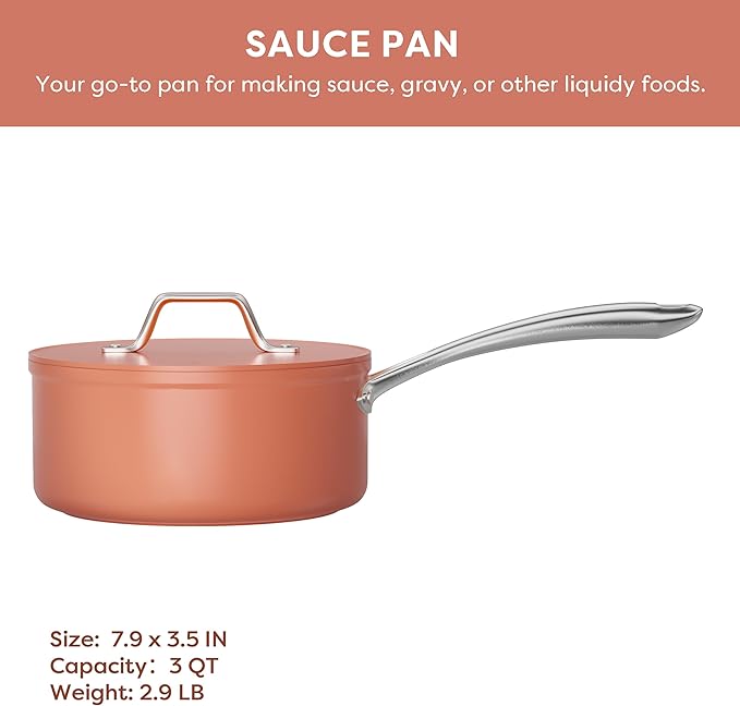 CIARRA Non Stick Frying Pan (10.2") & Ceramic Sauce Pan (3qt) - Non Toxic, PTFE & PFOA Free - Oven Safe & Compatible with All Stovetops, Orange