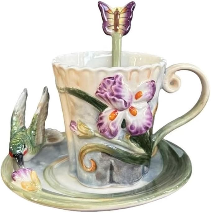 Ceramic Tea Cup and Saucer Set 竊?OZ 3D Hand-painted Hummingbird and Flower Coffee Mug竊똆ift for Women