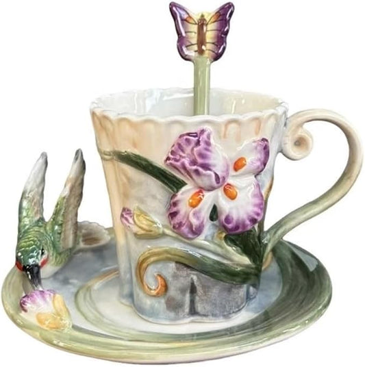 Ceramic Tea Cup and Saucer Set 竊?OZ 3D Hand-painted Hummingbird and Flower Coffee Mug竊똆ift for Women