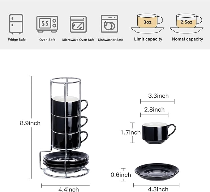 2.5oz Espresso Cups Set of 4, Small Stackable Coffee Cups with Saucers and Metal Stand, Ceramic Demitasse Cups, Cappuccino Cups for Coffee Drinks, Latte, Black
