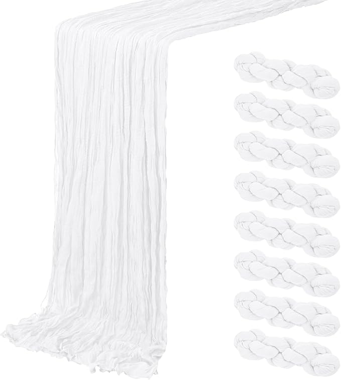 8 Pack White Cheesecloth Table Runner 20 x 120 inch Gauze Table Runners 10 FT Long,Semi Sheer Boho Cheese Cloth Fabric Table Runner Bulk for Wedding,Party,Baby Shower,Bridal Shower Decoration