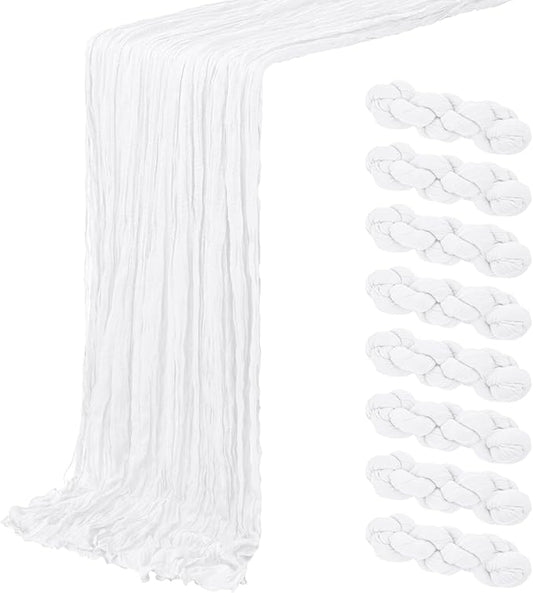 8 Pack White Cheesecloth Table Runner 20 x 120 inch Gauze Table Runners 10 FT Long,Semi Sheer Boho Cheese Cloth Fabric Table Runner Bulk for Wedding,Party,Baby Shower,Bridal Shower Decoration